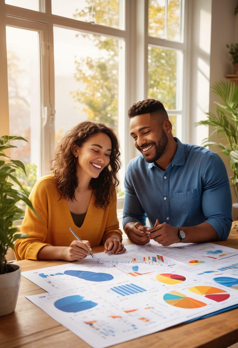 A diverse couple joyfully discussing financial plans at a cozy dining table, with a blueprint spread out, surrounded by vibrant charts and graphs, symbolizing investments and growth. The background features a sunny window with plants, evoking a sense of warmth and hope for the future. super-realistic. vibrant colors. cozy atmosphere.
