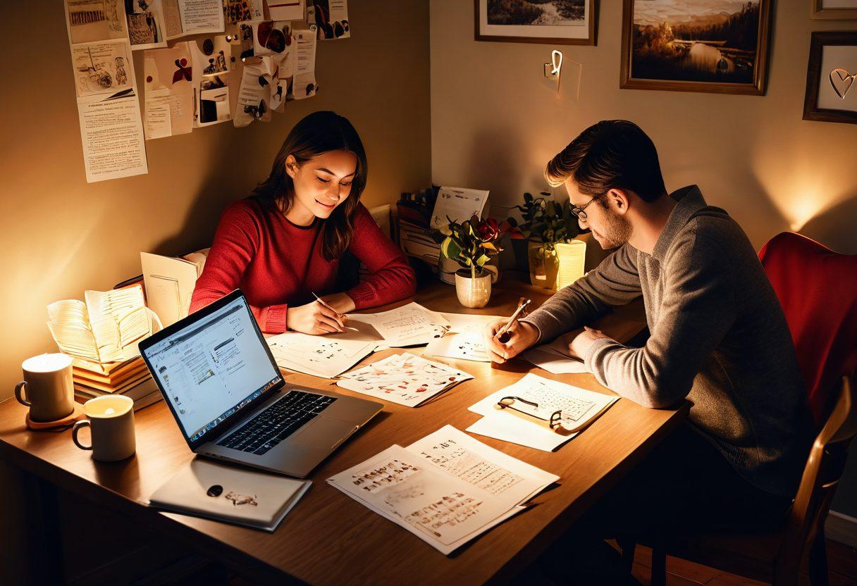A couple sitting at a cozy table, surrounded by finance books and love letters, mapping out their financial goals on a shared vision board. Soft, warm lighting enhances the intimate atmosphere, symbolizing connection and collaboration. Include elements like hearts intertwined with dollar signs, and a laptop displaying charts and graphs. super-realistic. warm colors. cozy setting.